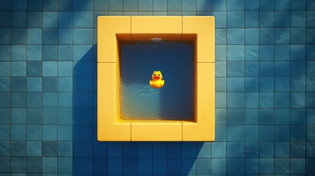 Yellow rubber duck adrift in the shimmering blue waters of a sunlit swimming pool.の素材
