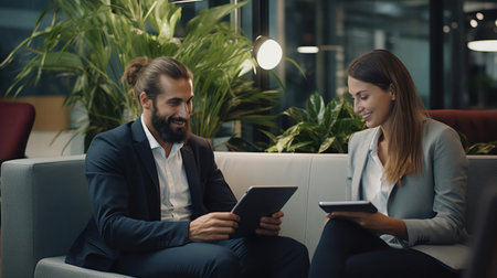 Two corporate professionals in a formal setting, deeply engaged in analyzing and discussing.の素材