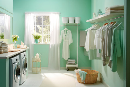Laundry room with modern appliances, hanging clothes, green mint walls, and a fresh open window viewの素材