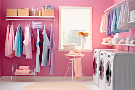 Laundry room with modern appliances, hanging clothes, pink walls, and a fresh open window viewの素材