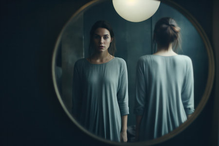 "Mirrored Dimensions, Asian Woman Surrounded by Reflective Surfaces, Creating a Captivating of Images"の素材