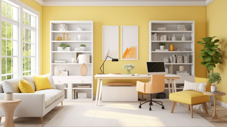 Home office featuring a white desk, yellow walls, and matching decor, energizing work environment.の素材