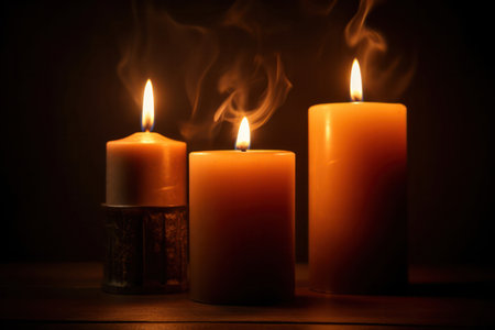 Candles burning softly against a dark, blurred background, conveying warmth and tranquility.の素材