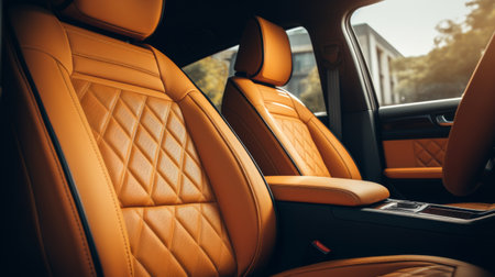 Close-up of premium leather car seats with luxury detailing in an elegant vehicle interior.の素材