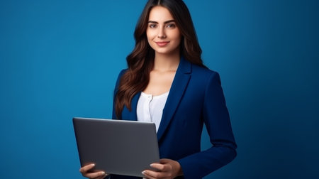 Professional young female executive with a digital tablet standing against a blue background.の素材