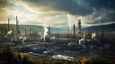 Smoke rises from the smokestacks of an expansive industrial complex and refinery.の素材