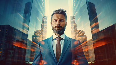 A determined businessman stands before a backdrop of reflective glass buildings in a modern city.の素材