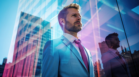 A determined businessman stands before a backdrop of reflective glass buildings in a modern city.の素材