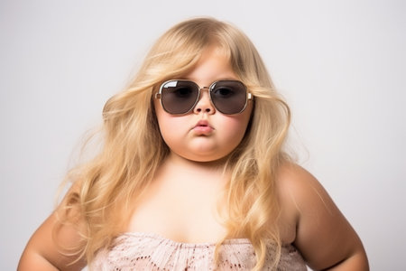 Brightly smiling woman wearing floral dress and chic pink sunglasses, embodying summer vibes.の素材