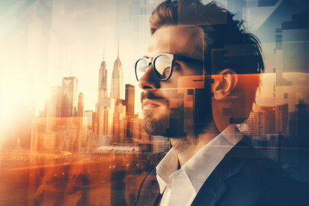 Businessman with glasses, overlaid with a city, portraying deep thought about business strategy.の素材