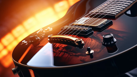 A detailed close-up of a electric guitar's body and strings, highlighted by stage lighting.の素材