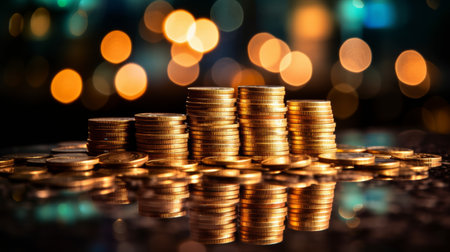 Piles of gold coins illuminated with a glow against a dark, suggesting wealth or financial concepts.の素材