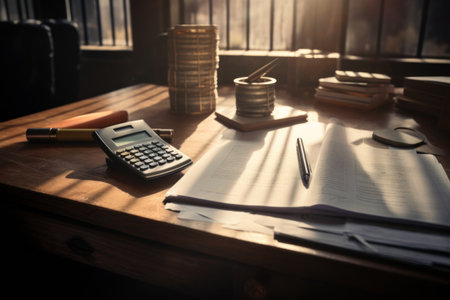 Work desk with financial documents, charts, and calculator indicating strategic planning business.の素材