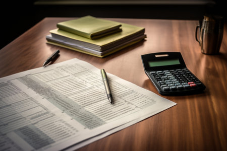 Work desk with financial documents, charts, and calculator indicating strategic planning business.の素材