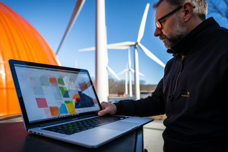 An engineer reviews project and Analyzing Data on a laptop with wind turbines at Wind Farm Site.の素材