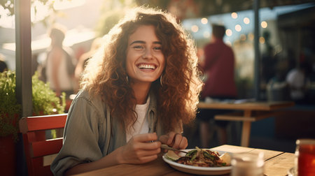 Cheerful young woman with curly hair enjoying a meal at a sunlit outdoor cafe.の素材