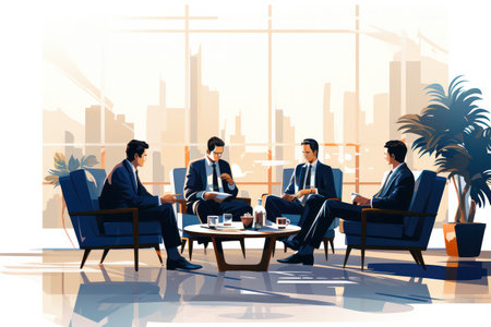 Corporate executives engage in a focused discussion against in a modern office setting.の素材