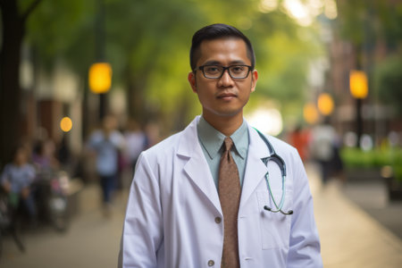 Friendly young male doctor wearing a stethoscope smiling in an outdoor setting.の素材