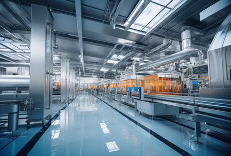Bottles on an automated assembly line in a modern beverage manufacturing plant.の素材