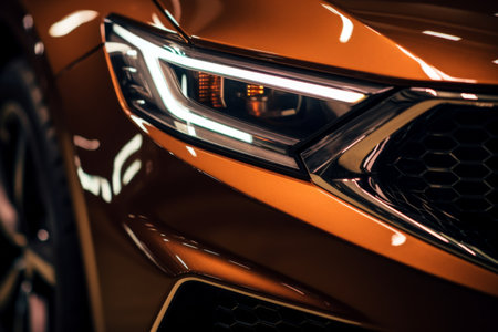 Close-up view of a modern car's LED headlight and grill details on an orange body.の素材