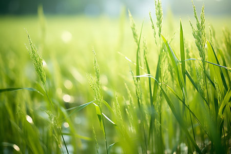 Close-up of dew-kissed green rice blades with a soft-focus background.の素材