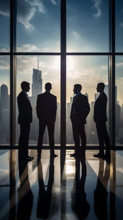 Group of businessmen silhouettes with reflective city background, implying teamwork.の素材