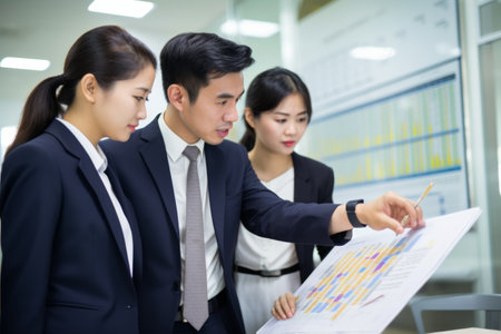 Three Asian professionals engaged in discussion over business documents.の素材