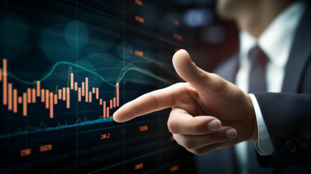 Finger pointing to a stock market graph on a digital screen.の素材