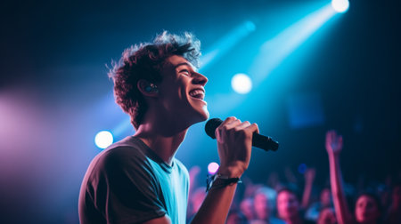 Young male artist singing passionately on stage with vibrant concert lighting.の素材