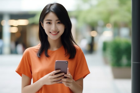 Happy woman in orange shirt using a smartphone, symbolizing connectivity and tech.の素材