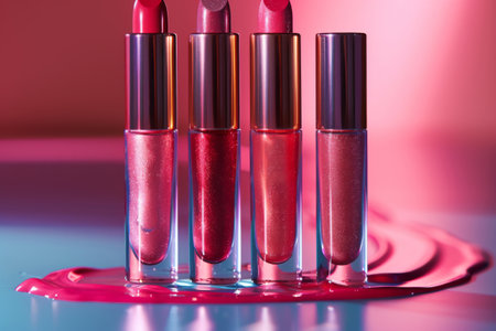 Close-up of lip gloss products with sparkling bokeh background, highlighting the beauty industryの素材