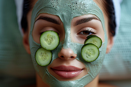 Young woman with a rejuvenating cucumber mask, embodying natural skincare and relaxationの素材