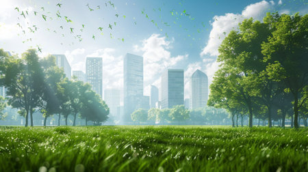 Misty City Park at Dawn with Modern Skyscrapers Looming in the Backgroundの素材