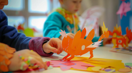 Children Creating Paper Crafts: Young Boys and Girls Engrossed in Artistic Activity at a Workshopの素材