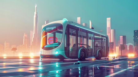 Futuristic Autonomous Bus Illuminated with LED Lights Navigating Through a Rainy City Nightの素材