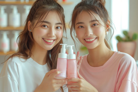 Two Joyful asian Women Holding Skincare Products with Blossoms in Soft Lightの素材