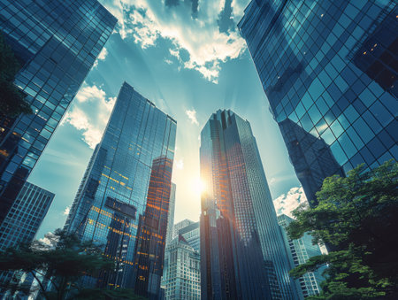 Dynamic Urban Skyline with Glass Skyscrapers Reflecting Clouds During Sunsetの素材