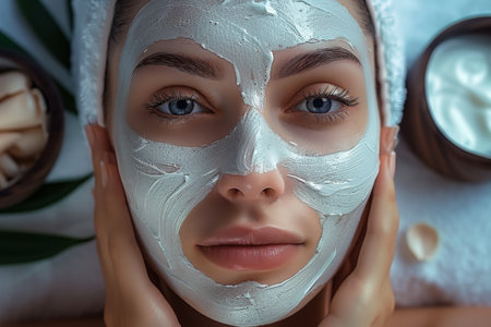 Close-up of a Woman's Face Covered with a Nourishing Clay Mask for Spa Treatmentの素材