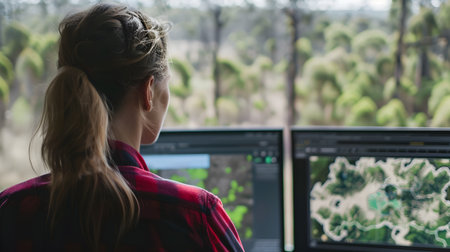 A female environmental scientist is using GIS data and software to strategize and plan conservation efforts,with multiple screens displaying various mapping and analysis tools She appears to be in aの素材