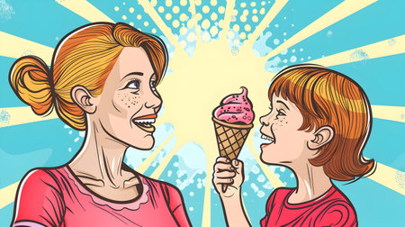 This cheerful,cartoon-style depicts a mother and child sharing an ice cream cone together The pair are shown with bright,expressive faces,conveying a sense of joy,affection,and the special bondの素材