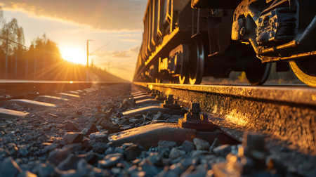 This image captures the sunset over a coal transport and processing site,showcasing the industry's efforts towards eco-friendly practices The locomotive hauls freight cars along the railroadの素材