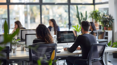 The image depicts a presentation or unveiling of a new,technologically-advanced membership card design in a modern,collaborative marketing office setting The design team is gathered around laptopsの素材