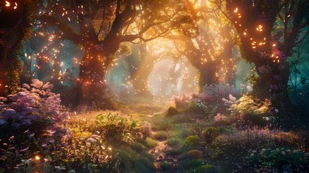 This enchanting woodland landscape evokes the captivating atmosphere of a beloved fantasy novel The forest setting is bathed in a warm,ethereal glow,creating a sense of magical wonder and intrigueの素材