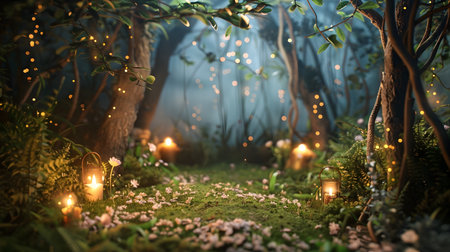 A breathtaking scene from a fantastical forest,filled with an ethereal,dreamlike ambiance Lush trees and a winding pathway are illuminated by a soft,glowing light,creating an immersive and enchantingの素材