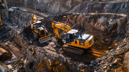 This image depicts a large-scale construction site with autonomous bulldozers and excavators at work,showcasing the advancements in construction technology and the progression towards smart cityの素材
