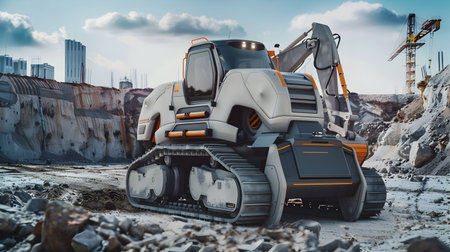 A scene depicting autonomous bulldozers and excavators hard at work in a large-scale construction site,part of a futuristic smart city development project The advanced machines operate with precisionの素材