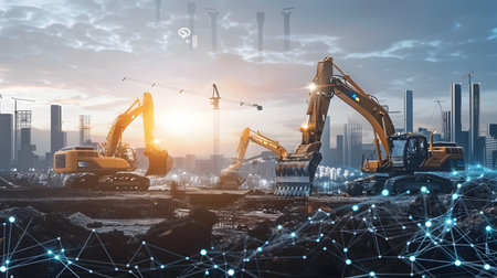 This image depicts a large-scale construction site in a futuristic,technologically advanced smart city It showcases a variety of autonomous heavy machinery,including bulldozers,excavators,andの素材