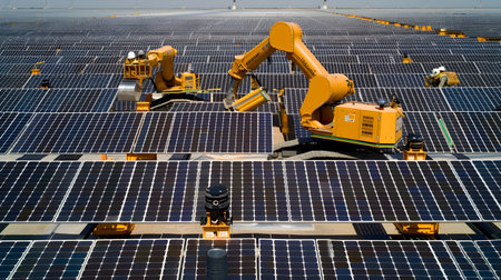 A large-scale solar energy project featuring advanced robotic construction equipment installing solar panels on a vast array of solar modules The scene showcases the automation and efficiency ofの素材