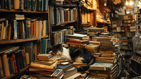 A charming interior of an antique bookstore,with tall wooden shelves filled with leather-bound books and rare book collections A peaceful feline companion is curled up,napping atop a stack ofの素材