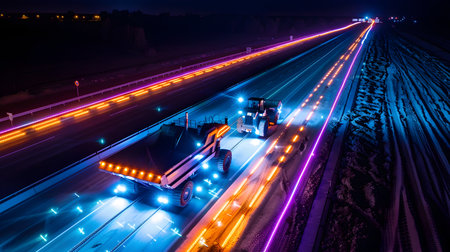 This nighttime scene depicts a futuristic landscape where autonomous construction equipment is illuminated by vibrant LED lights,actively engaged in building a new highway The long-exposure capturesの素材